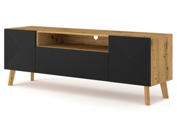 Drewniana szafka RTV z dekoracyjnymi czarnymi frontami i wysokimi nóżkami