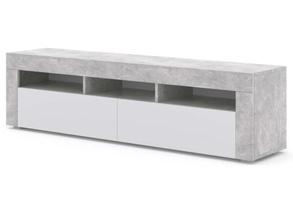 Szafka RTV w odcieniu betonu z białym korpusem i frontami