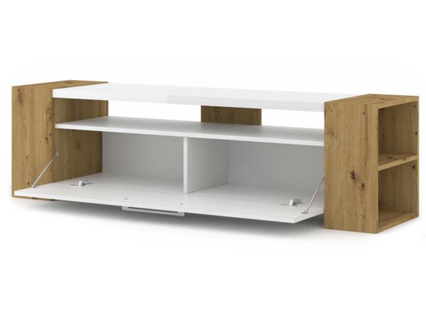 Minimalistyczna szafka RTV z białym korpusem i drewnianymi bokami