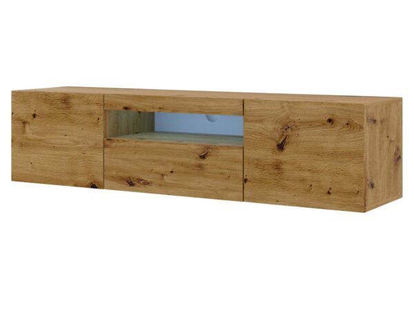 Dębowa szafka RTV z przeszkleniem i jasnym podświetleniem