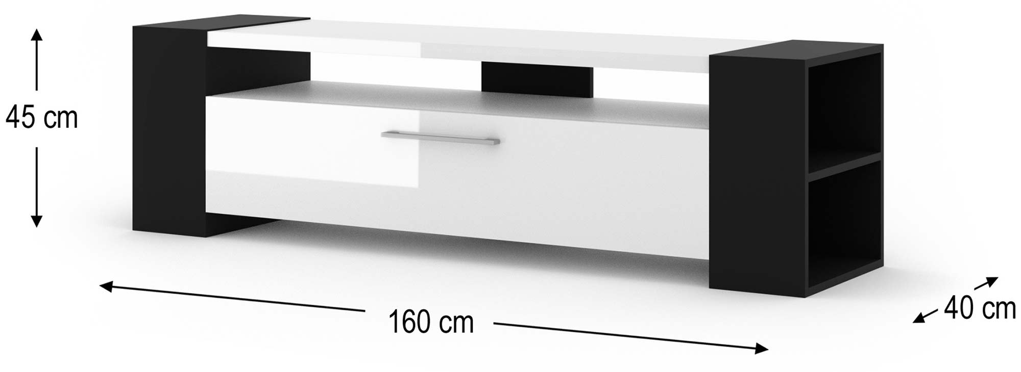 Biała szafka RTV o szerokości 160 cm z czarnym uchwytem i frontem w połysku Biała szafka RTV o szerokości 160 cm z czarnym uchwytem i frontem w połysku