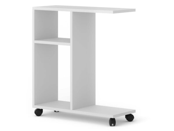 Biały stolik pomocniczy na kółkach z półką i blatem roboczym