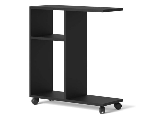 Czarny mobilny stolik boczny z półkami i kółkami