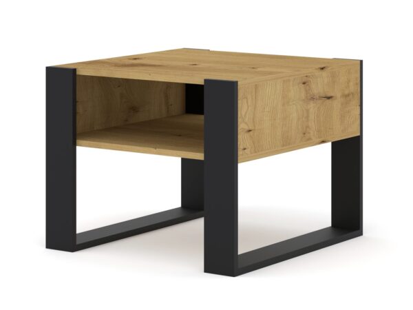Biurko w kolorze dębu z czarną ramą i otwartą półką pod blatem