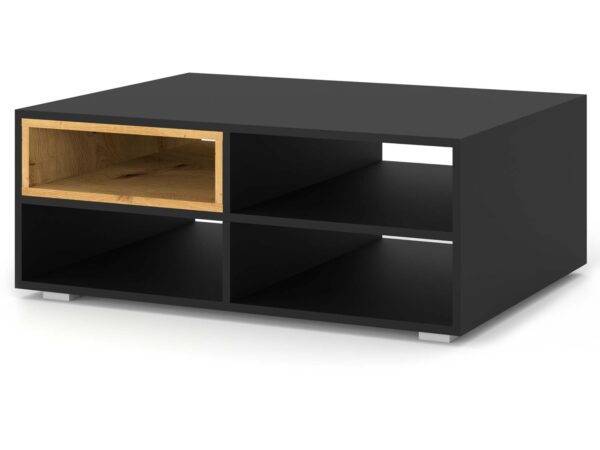 Niski stolik czarny z funkcjonalnymi półkami i dębem