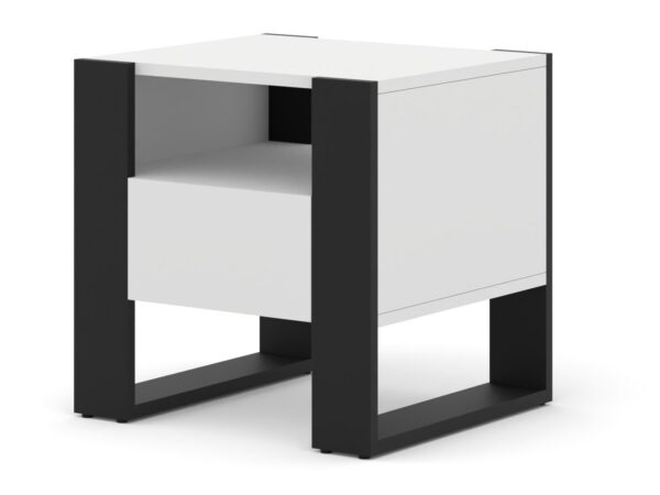 Biała szafka nocna z czarnymi nogami i jedną szufladą