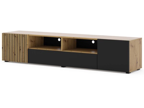 Mebel RTV z dwiema szufladami i szerokim blatem w kolorze dębu i czerni