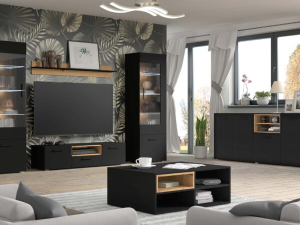Czarno-drewniana meblościanka z szerokim panelem na TV