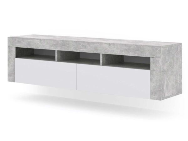 Szafka RTV z szarym dekorem i białymi szufladami, styl loftowy