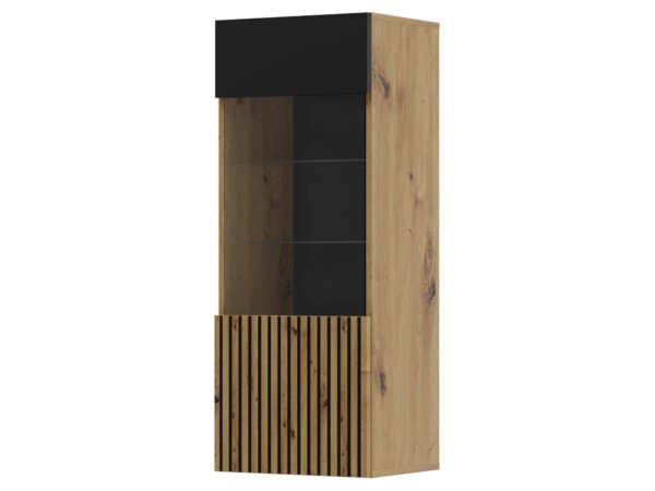 Dwukolorowa witryna z czarnym wnętrzem i dębową strukturą pionowych lameli
