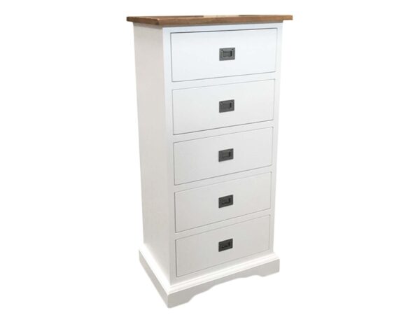 Wysoka biała komoda z pięcioma szufladami i metalowymi uchwytami