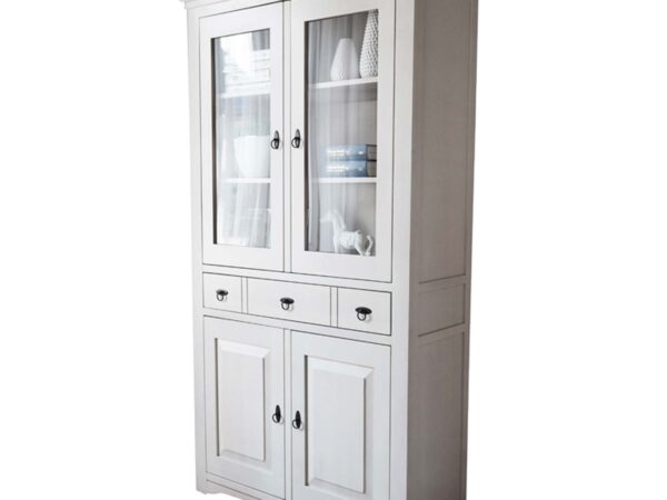 Witryna biała do salonu lub jadalni z dwoma szufladami i przeszkleniami