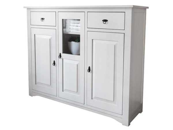 Komoda biała z dekoracyjnymi frezami i szufladami górnymi