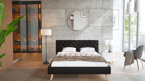 miniaturka Pikowane Łóżko na Drewnianych Nóżkach AUSTIN