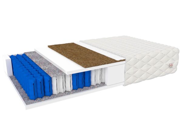 Materac kokosowo-kieszeniowy z przekrojem warstw i białym pokrowcem