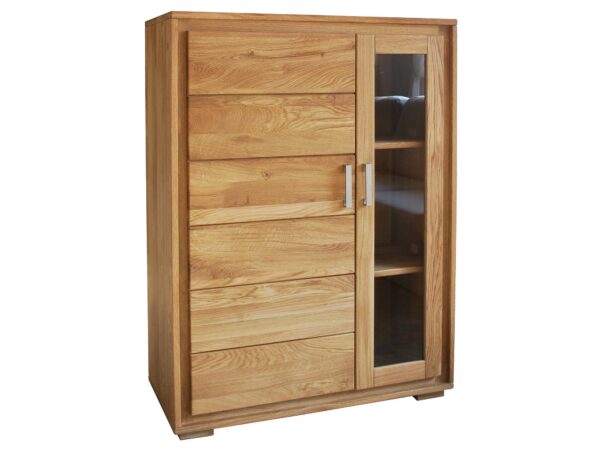 Szafka drewniana z przeszklonym frontem i metalowym uchwytem, styl nowoczesny