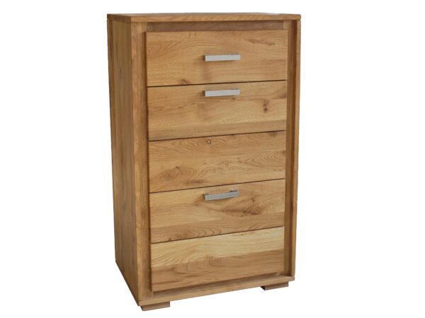 Komoda z trzema szufladami i srebrnymi uchwytami, styl nowoczesny