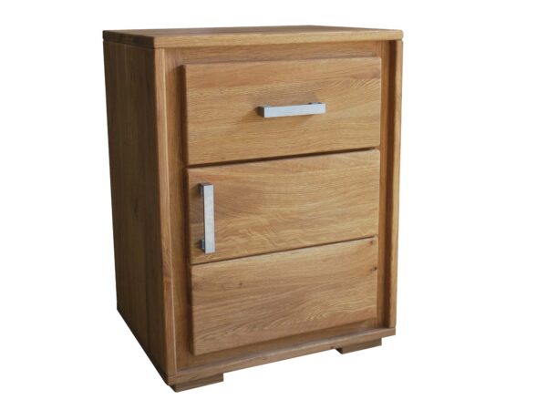 Szafka nocna z litego drewna z metalowymi uchwytami i szufladą