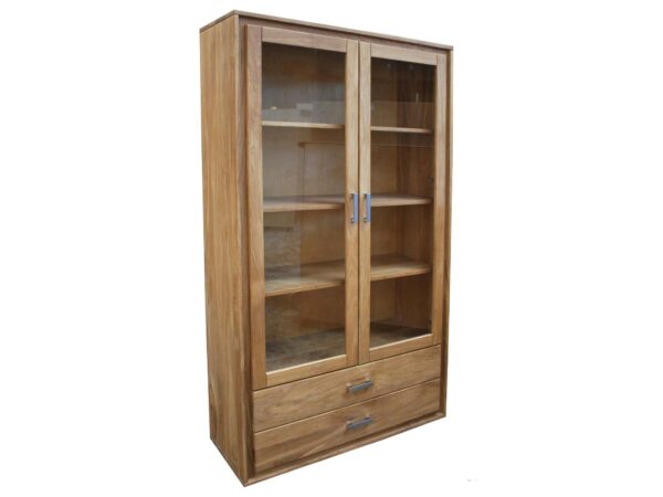 Witryna dwudrzwiowa z drewna dębowego, przeszklone fronty i szuflada dolna