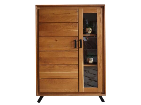 Komoda z witryną – połączenie drewna i szkła, czarne uchwyty, styl nowoczesny