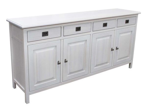 Biała komoda z trzema szufladami i drzwiami w stylu rustykalnym