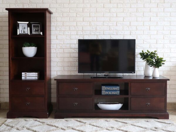 Szafka RTV z ciemnego drewna z dwoma szufladami i półką, styl kolonialny