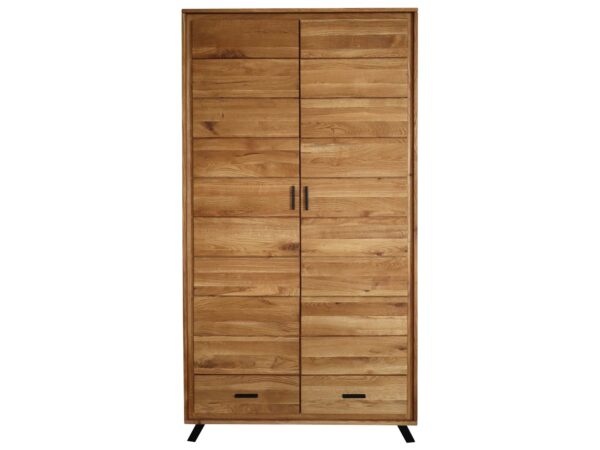 Szafa z drewna dębowego na czarnych nogach, nowoczesna forma z pionowymi uchwytami