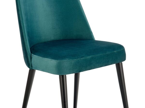 Krzesło tapicerowane w zieleni, miękka forma i zwężane czarne nogi