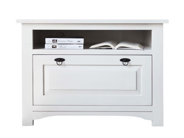 Biała szafka RTV z szufladą i półką do eleganckiego wnętrza