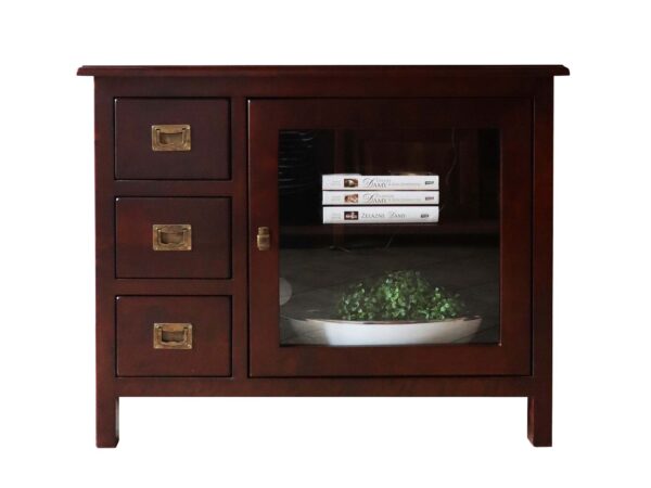 Komoda RTV z drewna z przeszkleniem i trzema szufladami w stylu retro