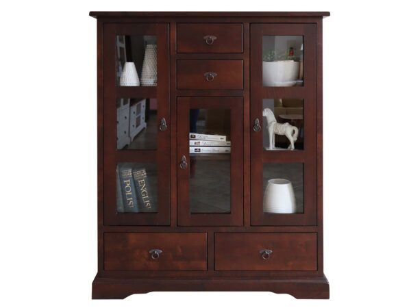 Witryna z ciemnego drewna z dolnymi szufladami i witrynową górą, styl klasyczny