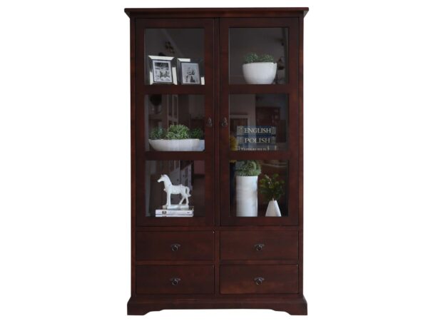 Witryna z ciemnego drewna z półkami i przeszkleniem, mebel klasyczny