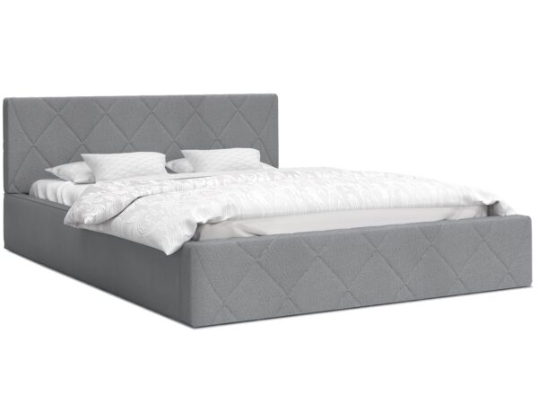 Szare tapicerowane łóżko z wysokim pikowanym zagłówkiem