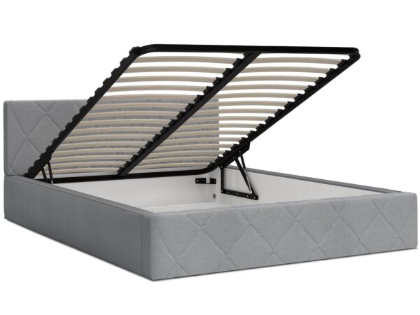 Szare łóżko z pojemnikiem i stelażem podnoszonym w stylu nowoczesnym