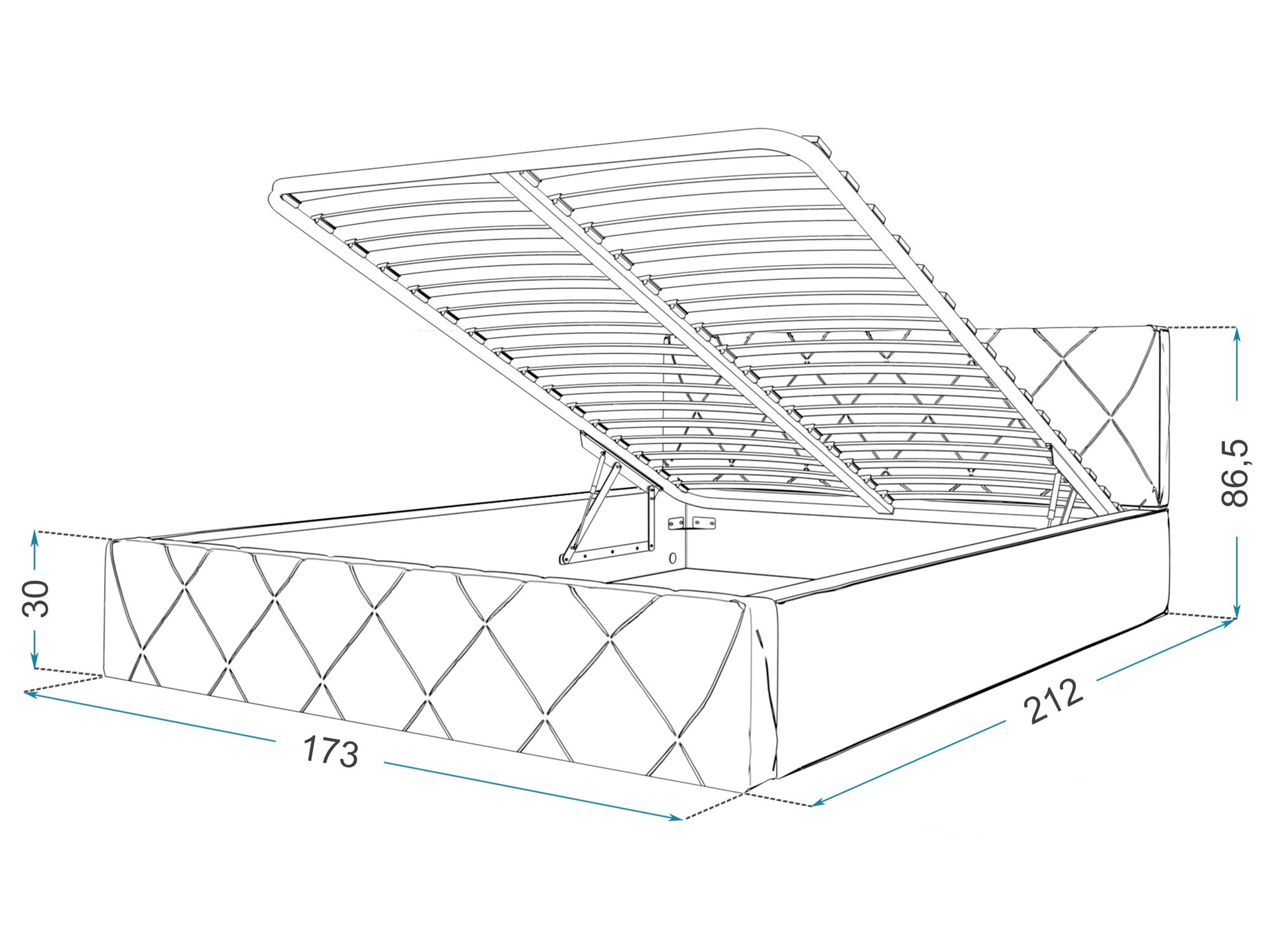 Przekrój techniczny łóżka z podnoszonym stelażem Przekrój techniczny łóżka z podnoszonym stelażem