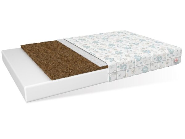 Przekrój materaca dziecięcego z pokrowcem i podwójną warstwą kokosową
