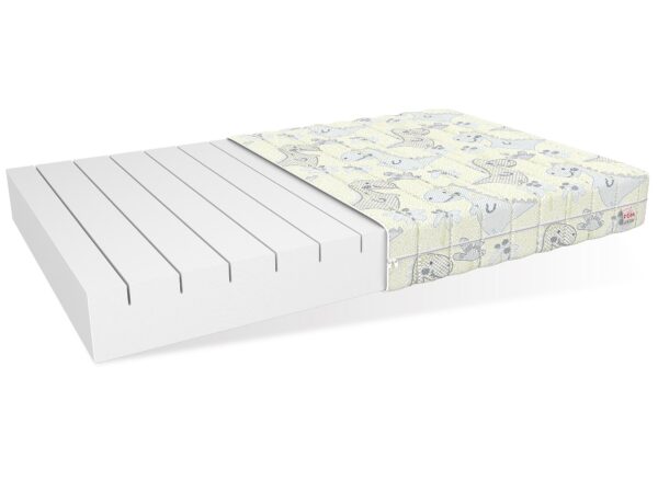 Przekrój materaca dziecięcego z pokrowcem i elastyczną pianką strefową