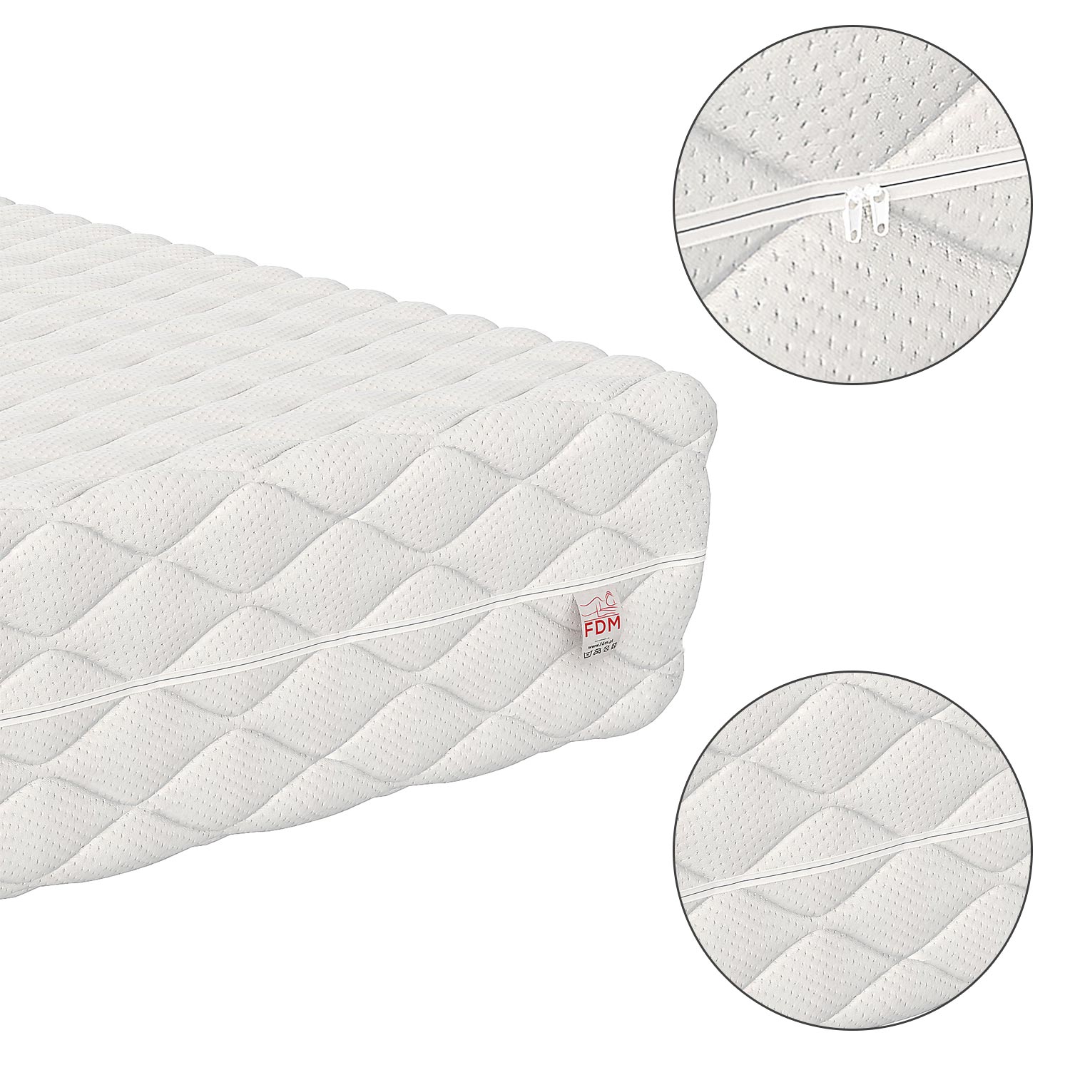 Materac z pokrowcem pikowanym na biało – widok z góry i zbliżenie na tkaninę