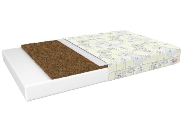 Przekrój materaca z grafiką w słonie i dwoma warstwami maty kokosowej