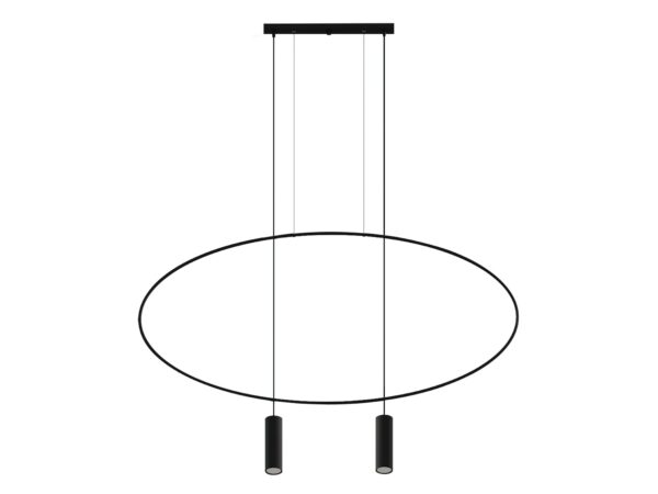 Wizualizacja lampy z dużym owalnym pierścieniem i trzema zwisami