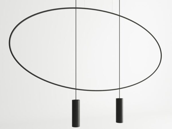 Graficzne przedstawienie lampy z trzema zwisami i metalowymi pierścieniami