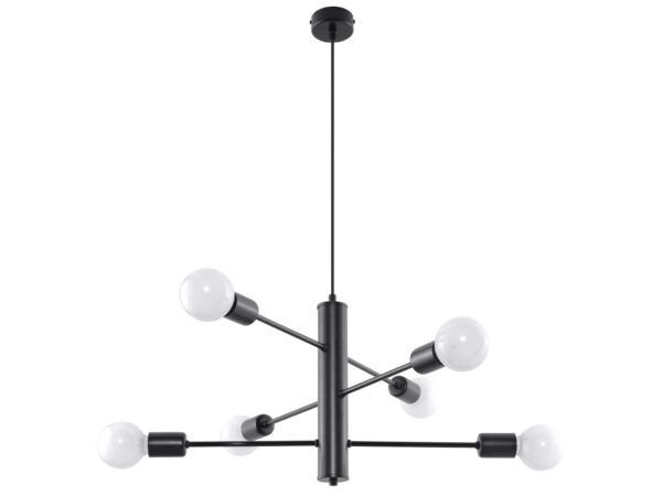 Nowoczesna czarna lampa sufitowa z pięcioma źródłami światła 1589. Żyrandol z kulistymi białymi żarówkami w układzie poziomym