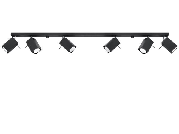 Czarna szyna z reflektorami LED o regulowanym kącie świecenia.