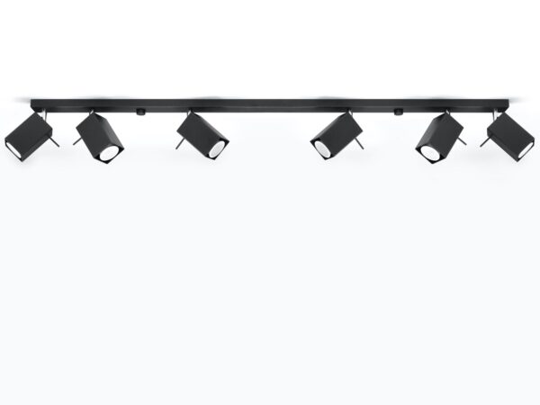 Minimalistyczne oświetlenie sufitowe z sześcioma czarnymi reflektorami.