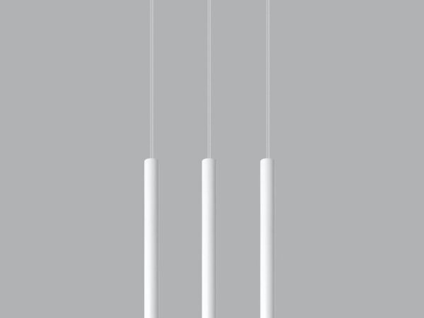 Trzy białe lampy tubowe – tło jasnoszare, symetryczne zawieszenie