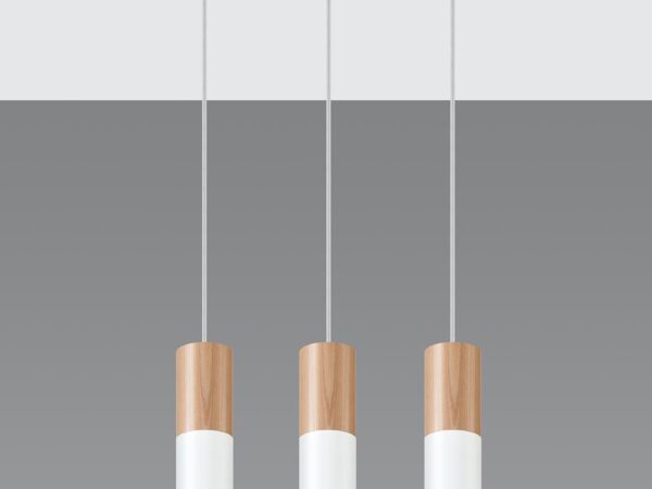 Trzy lampy wiszące – drewniano-białe tuby LED na tle białym