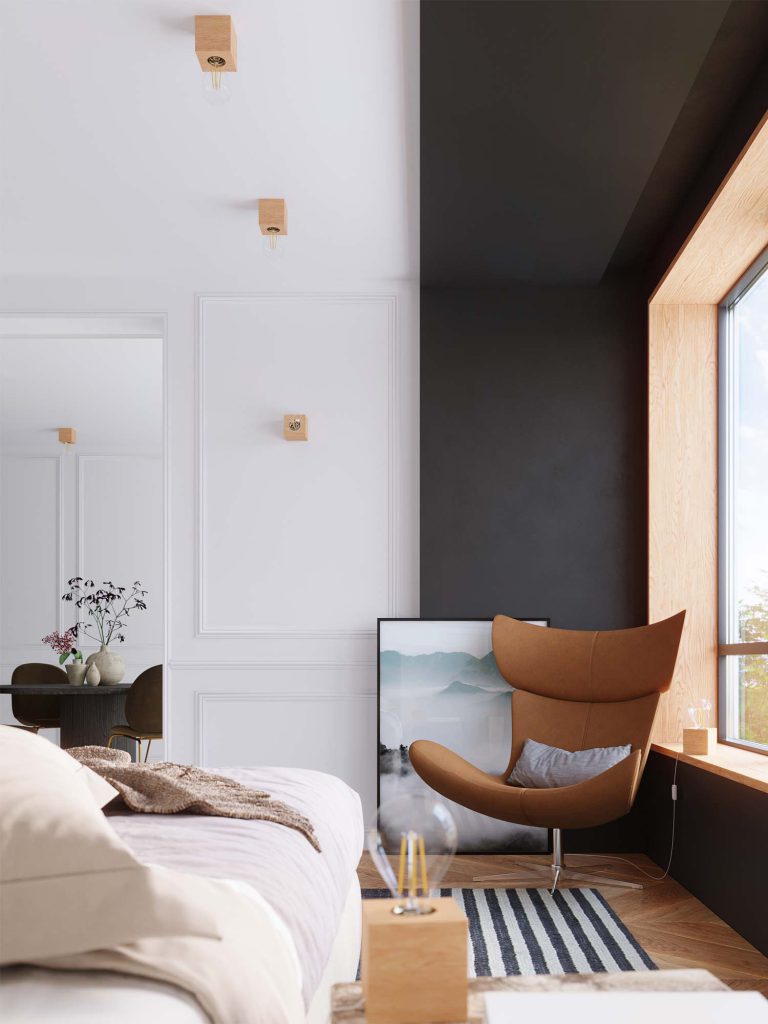 Pokój z dużym oknem i białymi ścianami, kinkiety sufitowe nowoczesne Pokój z dużym oknem i białymi ścianami, kinkiety sufitowe nowoczesne