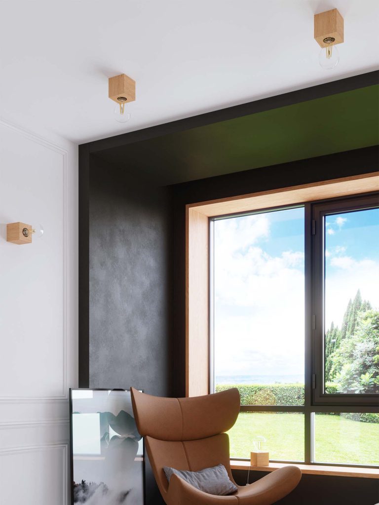 Nowoczesne wnętrze z czarną ścianą i drewnianym oknem, kinkiet na suficie Nowoczesne wnętrze z czarną ścianą i drewnianym oknem, kinkiet na suficie