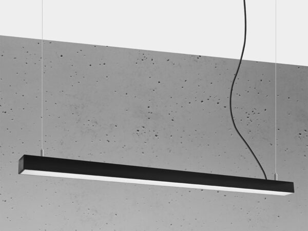 Zawieszona lampa LED – kontrast czerni i betonu