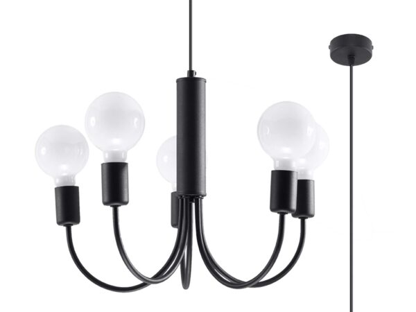 Żyrandol z pięcioma ramionami i kulistymi żarówkami na białym tle